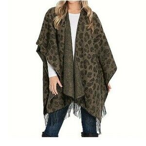 Woolrich Leopard Animal Print Cozy Blanket Wrap Shawl With‎ Fringe Trim One Size